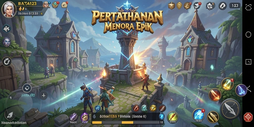 Tampilan gameplay BATA123 dengan menara pertahanan yang strategis.