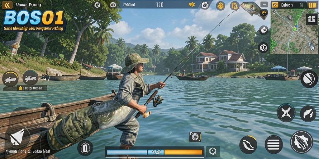 Screenshot gameplay BOS01 yang menunjukkan aksi memancing yang seru.