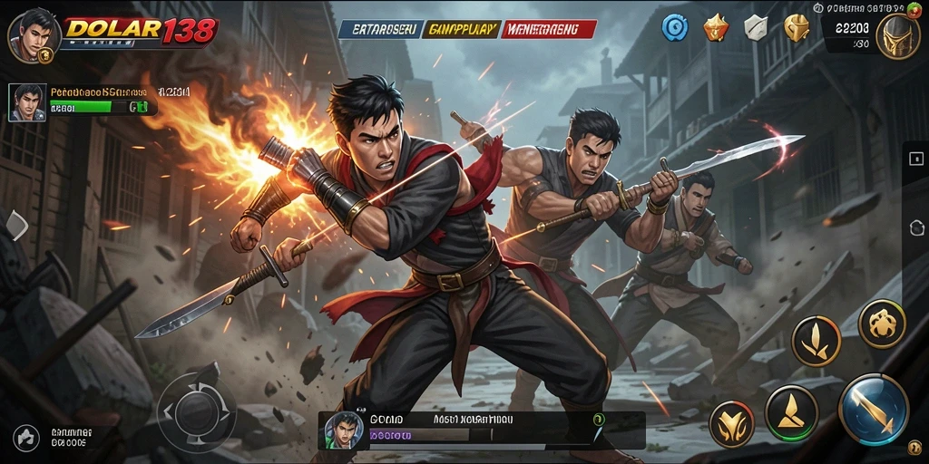 Tampilan gameplay DOLAR138 dengan karakter beraksi di arena pertarungan.