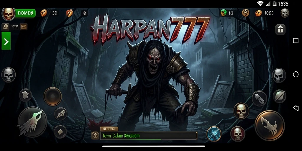 Screenshot gameplay menegangkan HARAPAN777 yang memperlihatkan suasana horror.