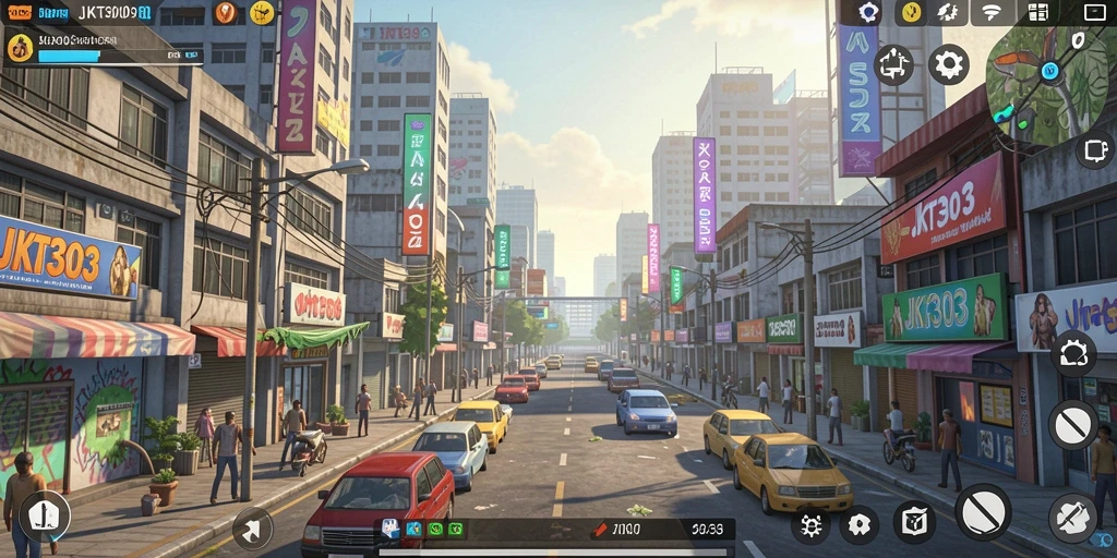 Tampilan menarik dari gameplay JKT303 yang menggambarkan pembangunan kota.