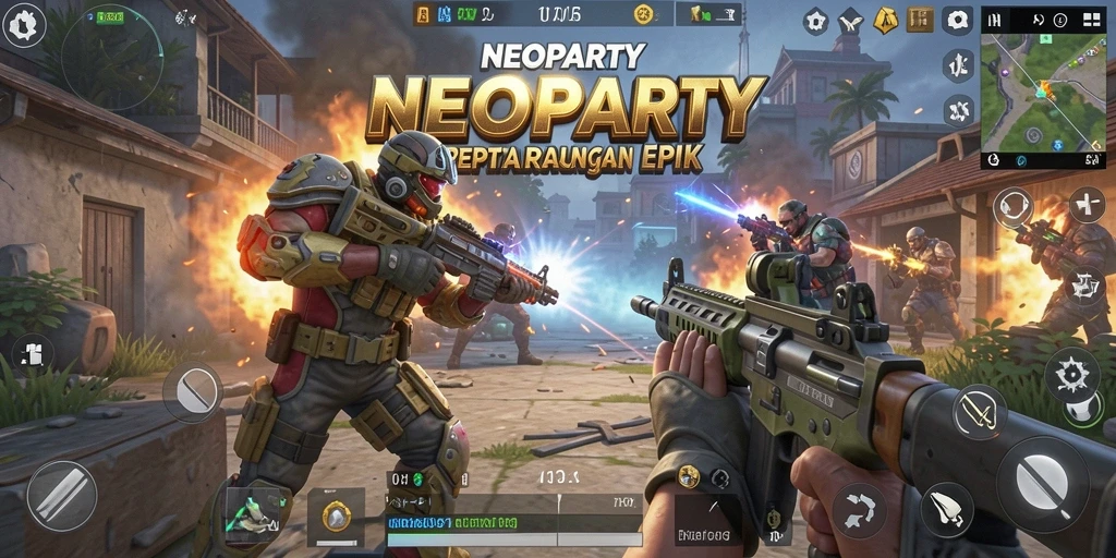 Screenshot utama gameplay NEOPARTY menunjukkan aksi tembak-menembak yang mendebarkan.