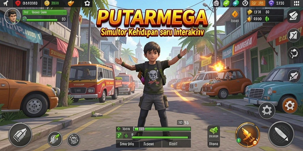 Tangkapan layar gameplay dari PUTARMEGA yang menampilkan karakter berinteraksi dengan lingkungan.
