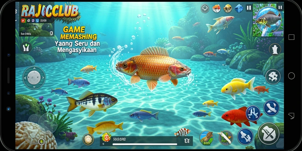 Gameplay RAJACLUB yang menampilkan aksi menarik saat memancing.