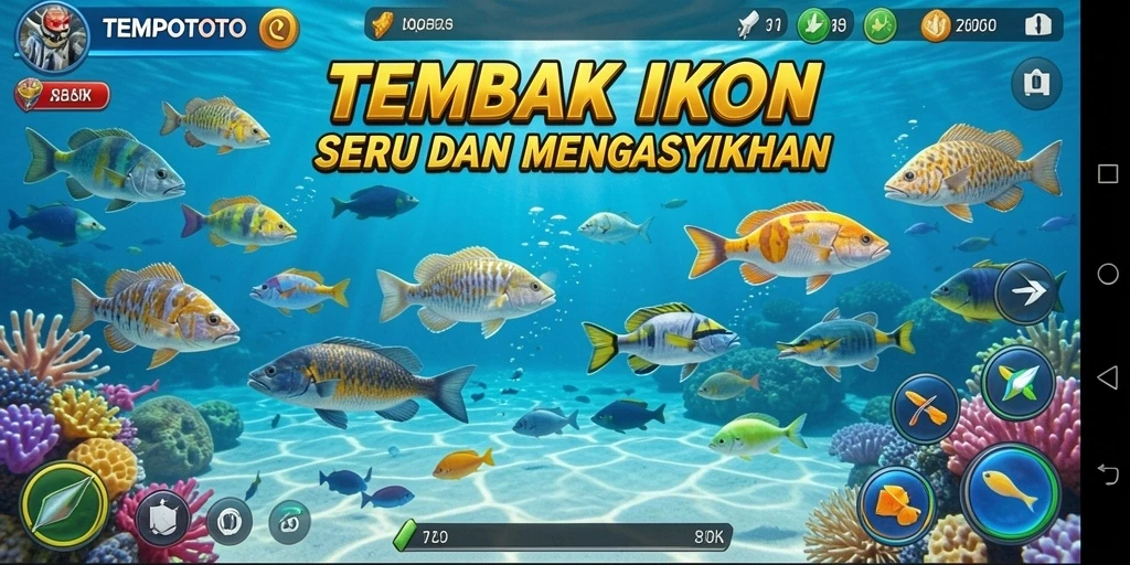 Tampilan gameplay TEMPOTOTO dengan beragam ikan yang menantang.